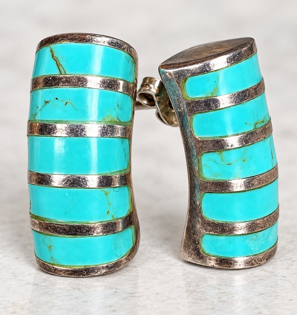 VTG Native Style Turquoise Inlay Sterling Silver Half Hoop Earrings Southwestern